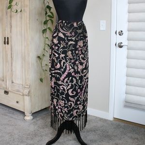 Velvet Paisley Maxi Skirt with Fringe